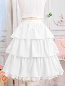 SHEIN Pitira 少女夏季百搭荷叶边松紧腰优雅蛋糕裙，白色 - 白色 - 查看 2