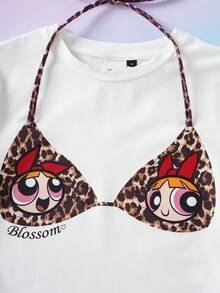 THE POWERPUFF GIRLS X SHEIN Áo thun nữ tay ngắn cổ tròn in hình hoạt hình, kiểu dáng thường ngày, đa năng. - trắng - Xem 4