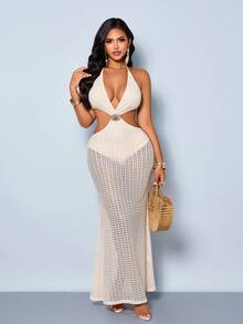 SOLERSUN Women's Cream White Summer Casual Beach Holiday Vacation Crochet Cutout Maxi Dress,Fake Two Pieces Halter Backless Mermaid Sheer Cover Up Outfits - Apricot - View 4