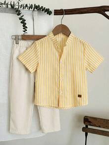 SHEIN 男童纯色梭织休闲衬衫和条纹裤两件套 - 彩色 - 查看 5