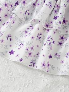 SHEIN Genkimix Kids Toddler Girls' Vacation Casual Halter Solid Color Tank Top And Elastic Waist Floral Ruffle Skirt Set, Summer - Purple - View 5