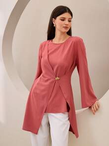 Asymmetrical Metal Buckle Accent Pink Shirt - Pink - View 1
