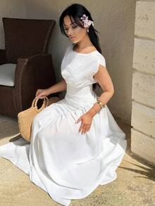 Vassilux Đầm xòe xếp ly eo, thanh lịch, mềm mại, nghệ thuật, thời trang dành cho nữ, mùa xuân/hè. - trắng - Xem 6