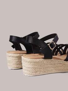 Styleloop Giày sandal đế xuồng dệt kim màu trơn thời trang nữ, kiểu dáng thường ngày, quai chéo trang trí, phong cách Bohemian, giày nghỉ mát cổ điển kiểu Pháp, sandal đế xuồng bằng vải canvas, quai ngang mắt cá chân, phong cách thời trang dự tiệc lễ hội âm nhạc miền Tây nước Mỹ, giày mùa xuân và hè, giày dự lễ Phục sinh, giày đi nghỉ mát, trang phục mùa hè, phụ kiện du lịch không thể thiếu. - màu đen - Xem 8
