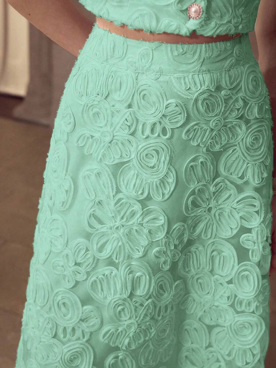 MOTF PREMIUM ELEGANT JACQUARD TEXTURED LACE A-LINE HIGH-CINCHED WAIST LONG SKIRT FOR WOMEN PARTY GREEN FLORAL SUMMER - Green - View 1