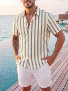 VIVINTIMO Men's Striped Print Short Sleeve Shirt, Suitable For Daily Wear, Holiday - Multicolor - View 5