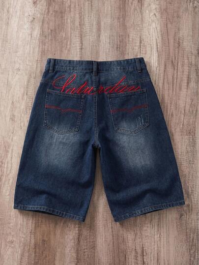 Manfinity Joysei Men's Denim Straight Leg Embroidered Shorts