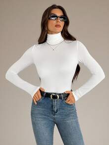 SHEIN Tall 2pcs/Set Solid Color Slim Fit Turtleneck White Tops, Suitable For Autumn And Winter, Tall Women Golf Basic - White - View 11