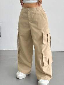 SHEIN CURVE+ Celana Kargo Wanita Ukuran Besar Kasual Longgar Kaki Lebar - Khaki - View 5