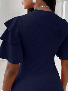 EMERY ROSE Women's Solid Color Round Neck Ruffle Sleeve Fitted T-Shirt - Navy Blue - View 2