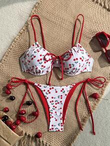 Swim Mod Spring/Summer Digital Print Underwire Cami Top And Side Tie Swim Bottoms Women Cute Bikini Set For Beach Vacation - White - View 1