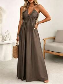 Wandoria Women's Brown Linen Blend Spaghetti Strap Tie Bow Front Ruffle Shirred A-Line Maxi Dress,Summer Casual Holiday Vacation Holiday Sundress - Coffee Brown - View 5