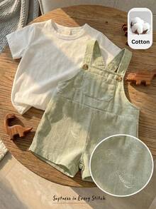 Cozy Pixies 2 peças/Conjunto Menino/Menina Bebê Estilo Coreano Casual de Verão Camiseta de Manga Curta Cor Sólida + Shorts Suspensórios com Estampa Fofa de Dinossauro, Conjunto de 2 Peças, Adequado para Uso na Primavera/Verão - Multicolorido - Visão 1