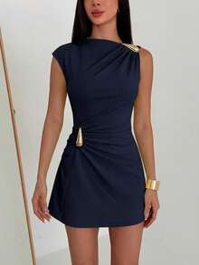 Aloruh Women's Solid Color Metal Decor Ruched Elegant Waist Mini Dress, Suitable For Dates Party Night And Parties Navy Blue And Gold Summer,Graduation Dress - Navy Blue - View 9