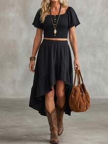 LanaWest Women Black Summer Boho Holiday Vacation Holiday Textured Linen Blend Square Neck Ruffle Sleeve Button Top & Asymmetric Ruffle Hem Skirt 2-Piece Set - Black - View 7