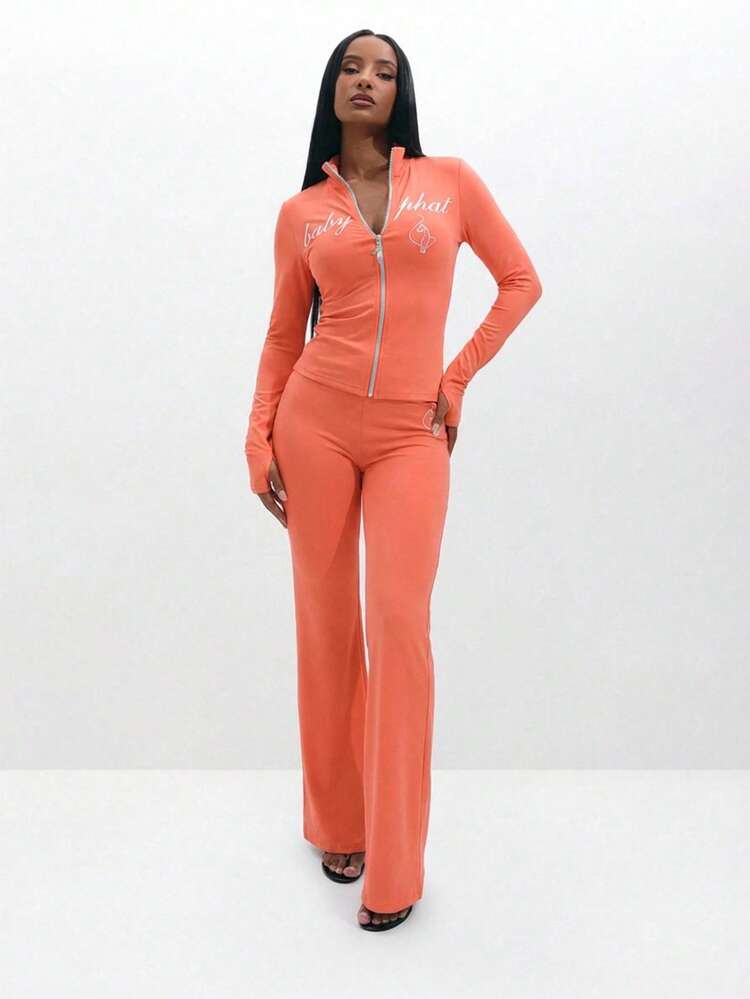 BABYPHAT Top Feminina de Manga Longa com Zíper e Estampa de Texto em Coral com Silhueta Ajustada