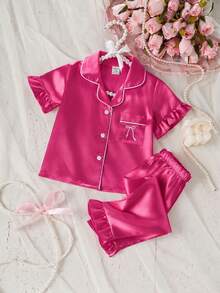 1 Set Baby Girls Hot Pink Satin Pajama Set, Lapel Short Sleeve Top & Ruffle Pants, Summer Cute - Watermelon Pink - View 3