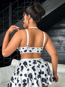 Fantasy Costume Fantasy Costume Plus Size Women's Sexy Cow Print Bell Bow Triangle Bra & Mini Skirt 4-Piece Lingerie Set - Black and White - View 2