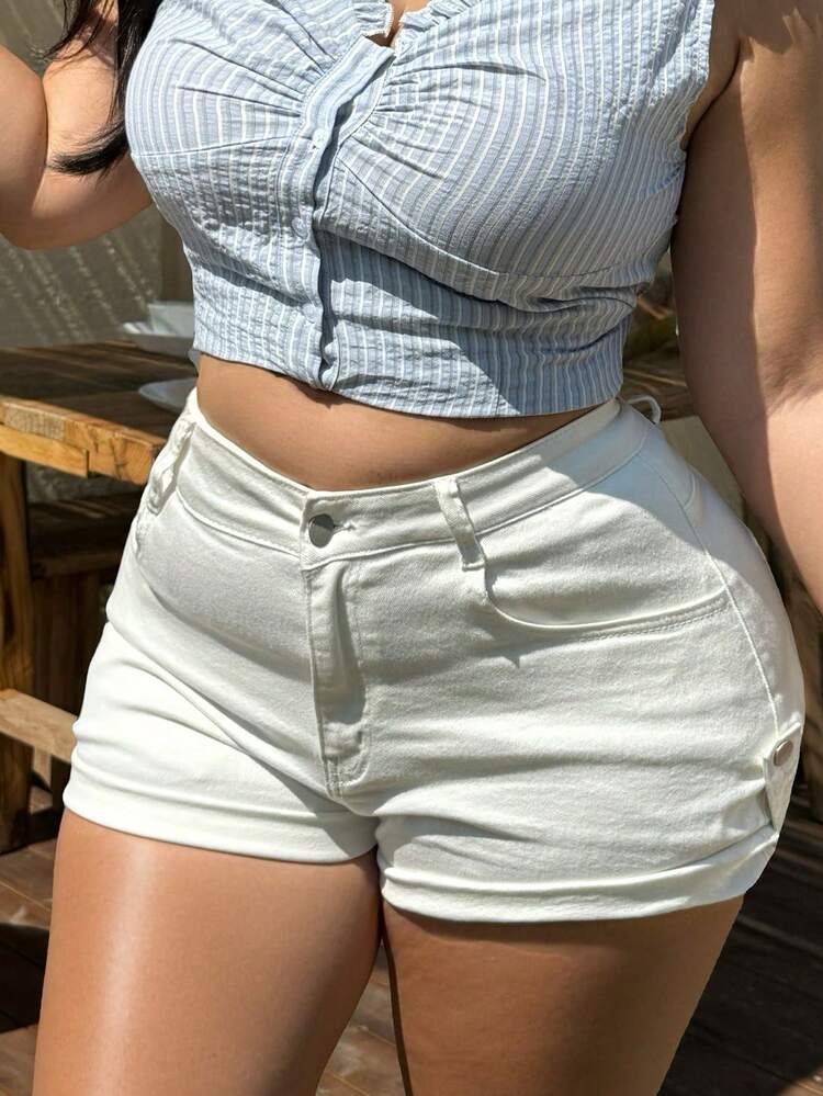 Dazy Plus Plus Size Women's Solid White Cuffed Mini Denim Shorts, Versatile Blogger Style For Spring & Summer