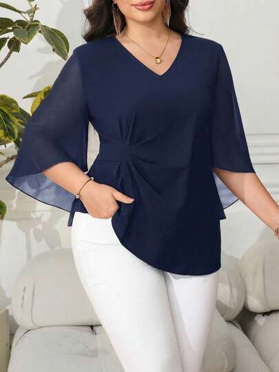 SHEIN Clasi Plus Size Elegant V-Neck Cinched Waist Flare Sleeve Blouse, Summer