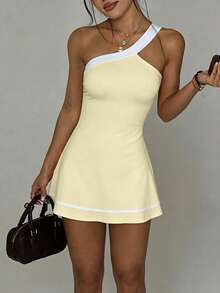 Gameset SHEIN Sport Yellow Summer Casual Workout Sports Dress,Contrast Color One Shoulder Ruffle Hem,Contrast Stripe Detachable Shorts With Pockets For Yoga,Gym,Tennis - Yellow - View 6