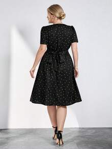 Chikora Plus Size Women Elegant Black And White Polka Dot Dress,Summer V-Neck Casual Office Tea Party Dress,Wedding Guest Formal Ceremony Graduation Outfit - Black and White - View 2