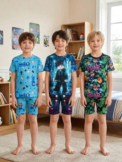 6pcs/Set Boys' Colorful Printed Snug Fit & Dinosaur Graphic Short Sleeve Shorts Pajama Set