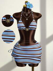 Zestiva Bộ bikini 3 mảnh dành cho nữ, họa tiết sọc retro, kiểu dáng tam giác buộc dây, đồ bơi đi biển tối giản, thanh lịch và gợi cảm cho mùa hè, kỳ nghỉ và tiệc tùng. - Nhiều màu - Xem 3