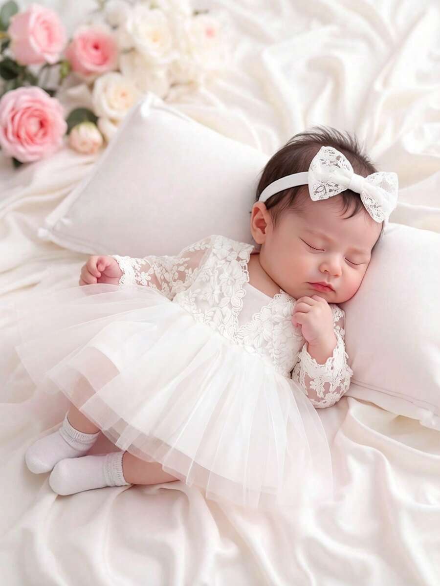 Đầm ren trắng cho bé gái 0-3 tháng tuổi, đầm làm lễ rửa tội, đầm thắt nơ sau lưng kèm băng đô, trang phục chụp ảnh cho bé sơ sinh, quà tặng tắm em bé, trang phục cưới cho bé mùa hè. - trắng - Xem 1