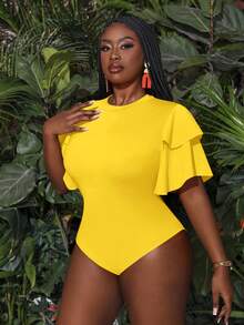 Slaydiva Mono de Body entero con múltiples volantes en las mangas para vacaciones de verano, para mujeres de talla grande. Mono de Body entero blanco de talla grande - Amarillo - Ver 3