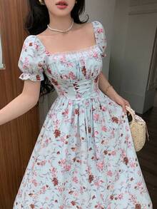 Vestido con cuello de volantes, mangas abullonadas, cintura con lazo y estampado de flores diminutas en patchwork, con estilo francés elegante para vacaciones - Azul - Ver 8