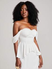 NYA SZN Dress Off Shoulder Sweatheart Padded Fitted Draped Detail Short Flutter Sleeve Hardware White Shower Outfits For Women Day Party Summer Elegant - White - View 4