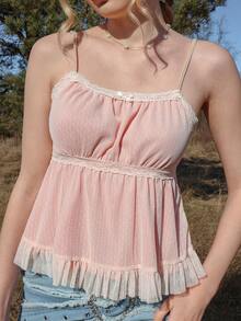 Kawaii Áo hai dây kiểu babydoll phối lưới tương phản ROMWE X Elena Katey với viền bèo nhún, thích hợp cho học sinh. - Hồng - Xem 5