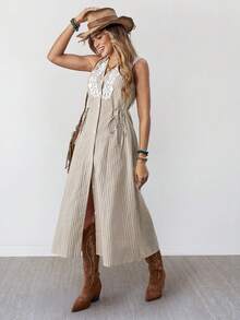 Wildy Women's White Summer Boho Holiday Vacation Dress,Western Country Stripe Embroidered Sleeveless Tie Waist Dress,Casual Beach Vacation Music Festival - Apricot - View 5