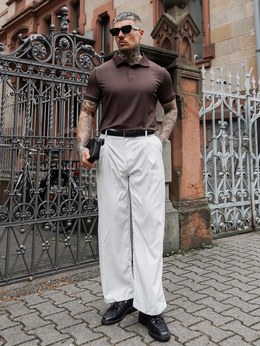 Artur Kramer Men's Solid Color Rib-Knit Polo Shirt, Old Money Style - Coffee Brown - View 1