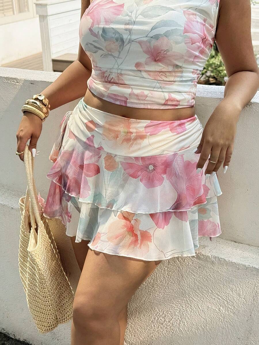 GalTyme Falda entallada con cordón lateral, ropa de primavera y verano para tallas grandes - Multicolor - Ver 1