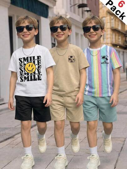 SHEIN Bộ 6 món cho bé trai/thiếu niên, kiểu dáng rộng rãi, nhuộm màu loang, họa tiết cây dừa, cổ tròn, tay ngắn và quần short, thích hợp cho đi làm, đi học, mặc hàng ngày, chơi thể thao, mùa xuân/hè, đi nghỉ mát.
