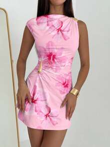 Aloruh Metal Decor Ruched Umbrella Floral Print Cap Sleeve Mini Skirt - Pink - View 7