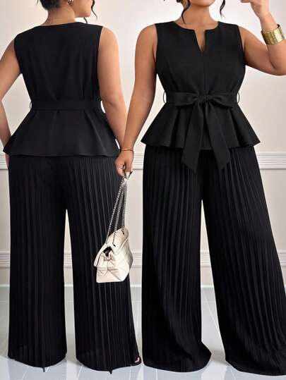 SHEIN CURVE+ Bộ đồ 2 món dành cho nữ cỡ lớn: áo không tay cổ chữ V có thắt lưng, phối cùng quần ống rộng xếp ly cạp chun màu trơn, thích hợp mặc đi làm và mặc hàng ngày, mùa xuân/hè.