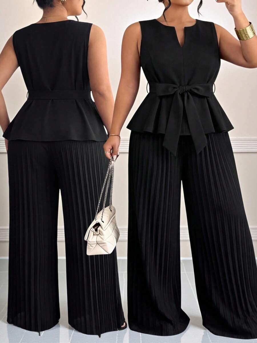 SHEIN CURVE+ Plus Size Women's Casual Sleeveless Shirt With Notched Collar And Belt, Paired With Solid Color Pleated Elastic Waist Loose Pants 2 Piece Set, Suitable For Commuting And Daily Wear, Spring/Summer - Black - View 1