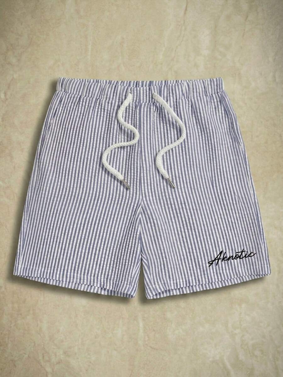 AKNOTIC Men's Casual Letter Print Drawstring Waist Striped Woven Shorts, Summer - Blue - View 1