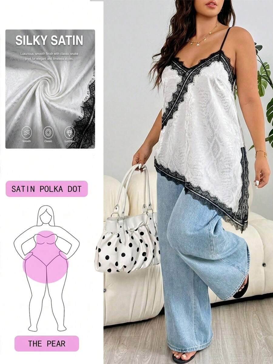 Celure Plus Size Women's Fashionable Delicate Date Night Gym V-Neck Contrast Color Lace Patchwork A-Line Slit Camisole, Spring/Summer Brown - Apricot - View 1