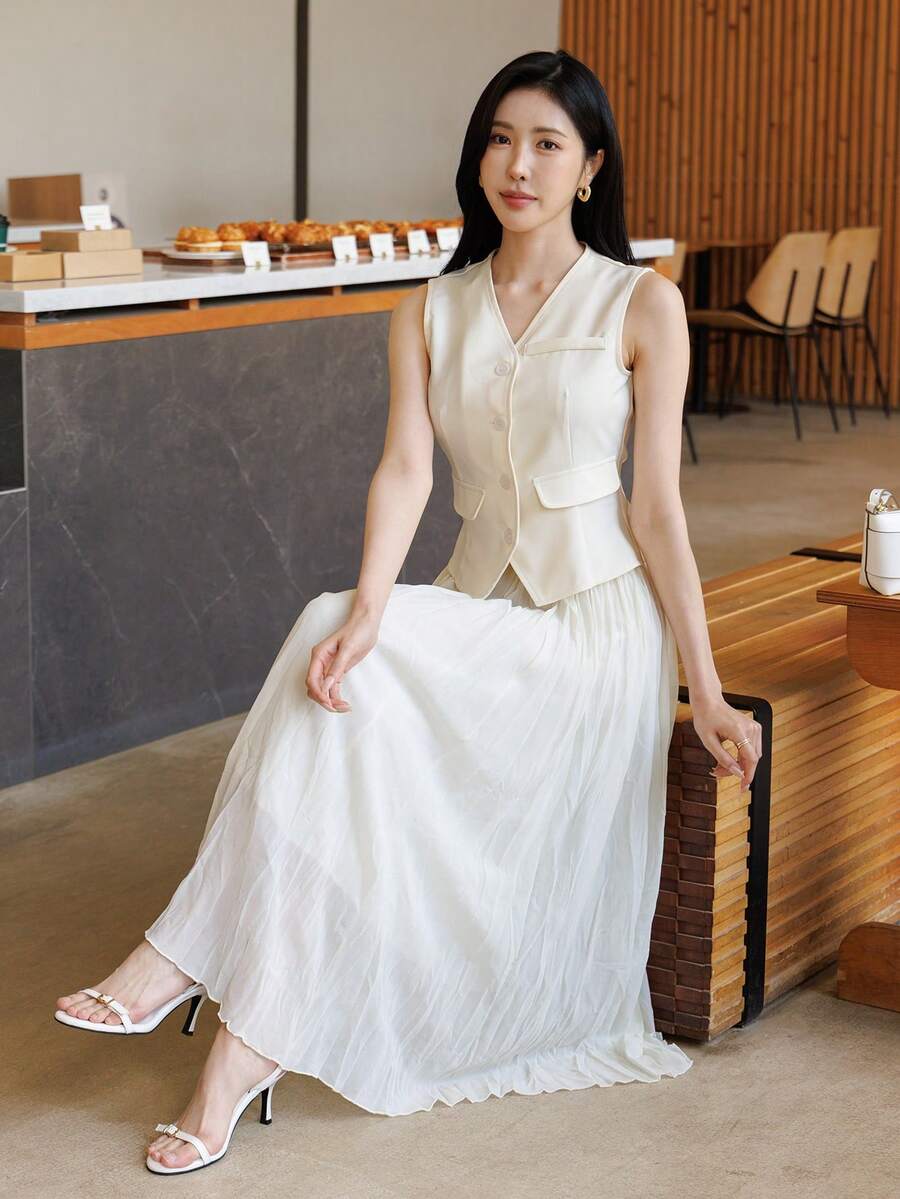 DAZY 女士无袖优雅休闲长款背心和半身裙两件套，春夏款 - 米色 - 查看 1