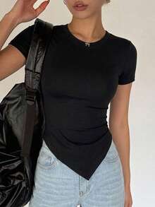 DAZY Camiseta ajustada de mujer con cuello cuadrado y manga corta - Negro - Ver 2