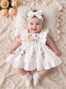 SHEIN 2Pcs Newborn Baby Girls Summer Cute Wedding Guest Dress Set White Wave-Patterned Cartoon-Print Ruffle Trim Soft Fabric Dress With Bow Headband 0-3M - White - View 4
