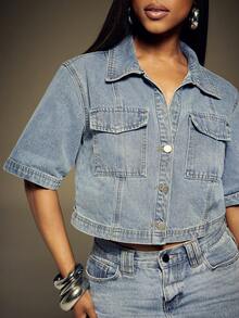 Denimoi Flap Pocket Button Front Casual Boxy Cropped Denim Top - Light Wash - View 1