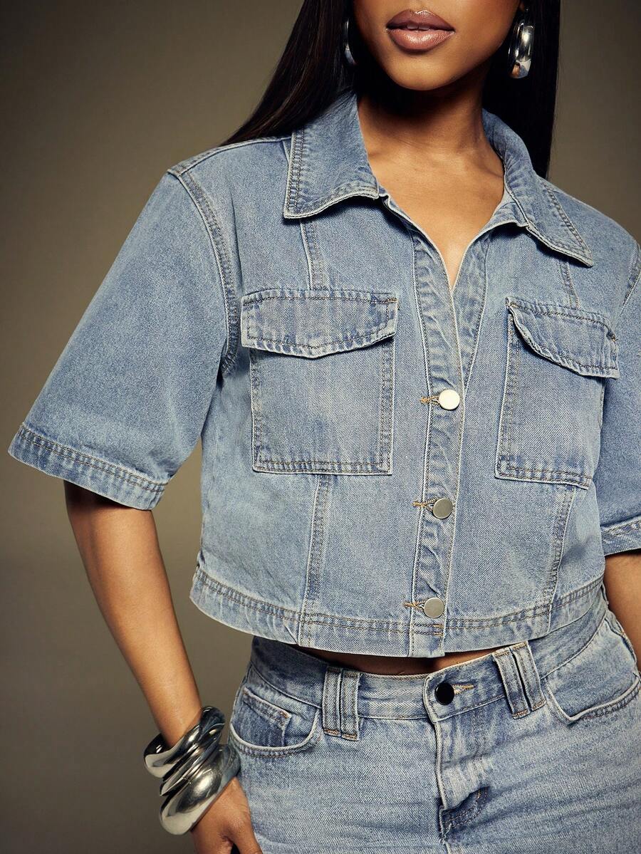 Denimoi Flap Pocket Button Front Casual Boxy Cropped Denim Top - Light Wash - View 1