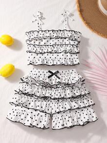 SHEIN Genkimix Kids 女童波点印花荷叶边吊带背心和蛋糕裙套装 - 白色 - 查看 1