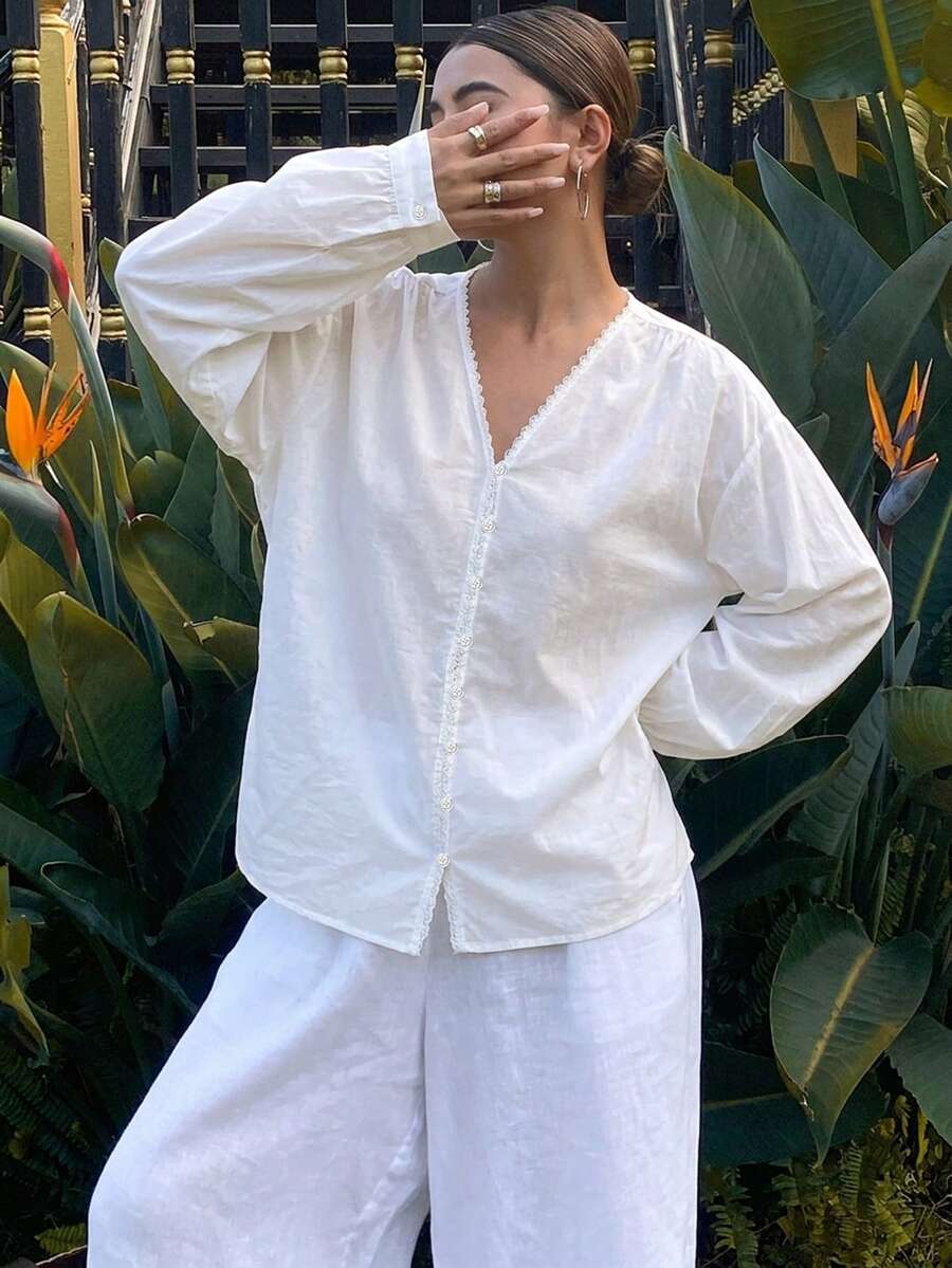 DAZY 女款寬鬆版型純色長袖圓領夏季上衣 - 白色 - 查看 1