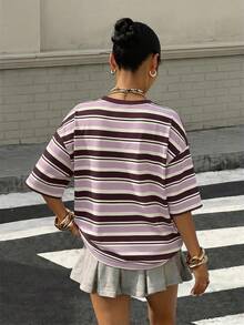 Muchica Women's Striped Round Neck Drop Shoulder Casual Versatile T-Shirt,Summer Top - Pink - View 2